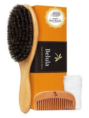 Belula 100% Boar Bristle Oval Fine Hair Brush Bamboo Handle Cushion Base w Comb
